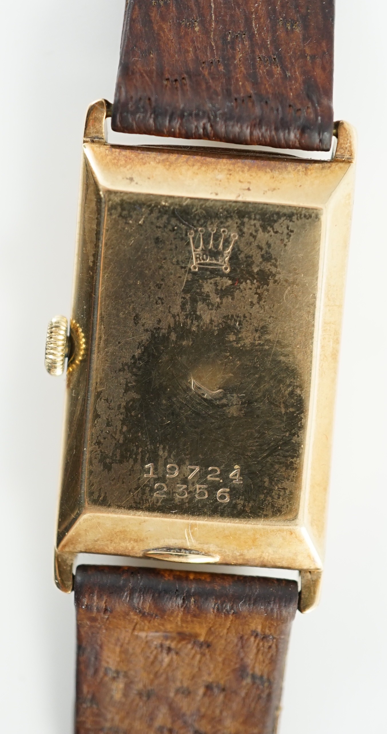A gentleman's 1930's 9ct gold Rolex manual wind rectangular dial wrist watch, on later leather strap